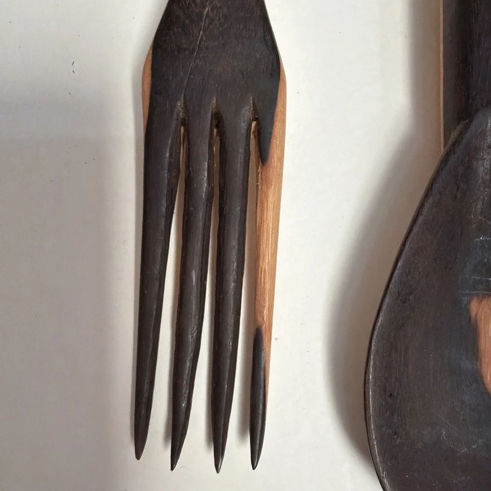 Vintage Wooden Hand-carved Tribal African‎ Spoon, Fork And Knife Art Deco 16